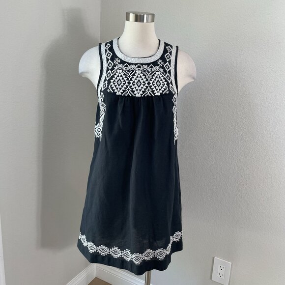 Lucky Brand Womens Medium Black Embroidered Sleeveless Mini Dress Linen Blend - Picture 1 of 12